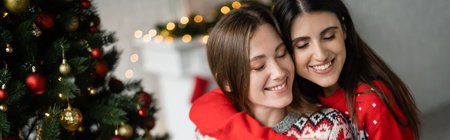 Woman in sweater embracing cheerful girlfriend near decorated christmas tree at home, bannerの写真素材
