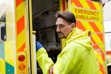 Paramedic standing near blurred ambulance car with open door outdoorsの写真素材