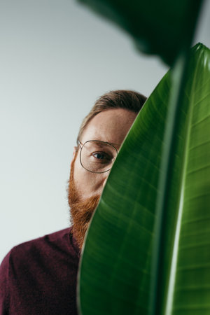 partial view of bearded man in eyeglasses posing near green tropical leaf isolated on greyの写真素材