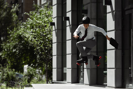 full length of businessman in roller skates and helmet jumping while doing trick on street near...