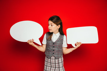 girl in plaid skirt and vest holding white and empty speech bubbles isolated on redの写真素材