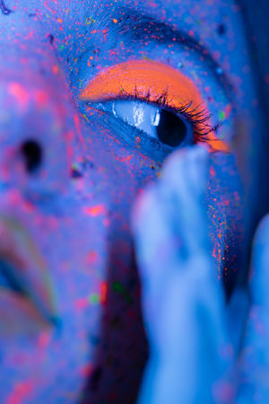 close up portrait of cropped woman with bright coral eye shadow and colorful paint spots in blue neon lightの写真素材