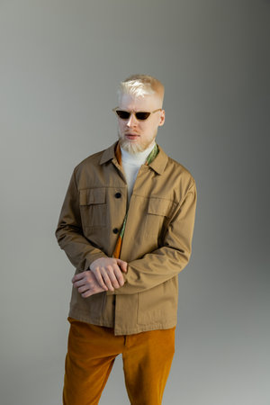 stylish albino man in sunglasses and shirt jacket standing isolated on greyの写真素材