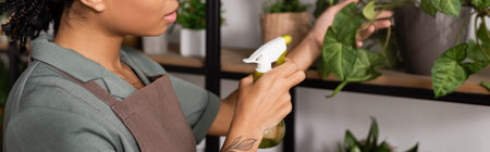 cropped view of african american florist holding spray bottle while caring for green plants on rack, bannerの写真素材