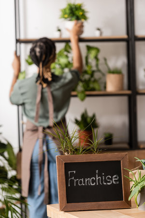 selective focus of board with franchise inscription and african american florist near rack with plants on blurred backgroundの写真素材
