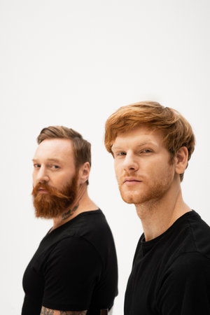 red haired man with bearded tattooed father looking at camera on grey backgroundの写真素材