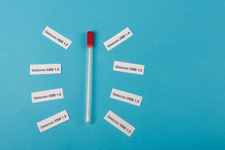 Top view of paper with omicron xbb lettering near cotton swab on blue background