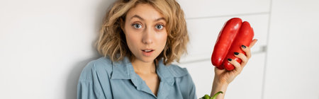 shocked young woman with wavy hair holding red bell pepper in kitchen, bannerの写真素材