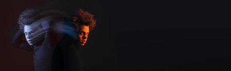double exposure of injured and depressed african american man with bipolar disorder on dark...