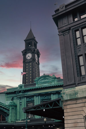 Lackawanna Clock Tower during sunset with purple sky in New York Cityの写真素材