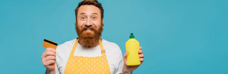 positive bearded man in apron holding detergent and credit card isolated on blue, bannerの写真素材