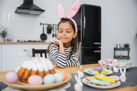 Preteen kid in bunny ears headband looking at Easter cake and eggs in kitchenの写真素材