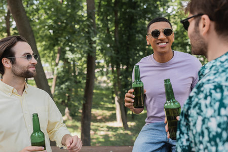 Interracial friends in sunglasses holding bottles of beer and talking in summer parkの写真素材