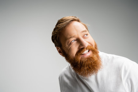 Happy and bearded man in t-shirt looking away isolated on greyの写真素材