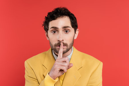 curly man in yellow blazer holding finger near lips while showing hush sign isolated on red coralの写真素材