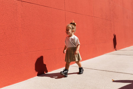 cheerful toddler girl in checkered skirt and white t-shirt walking near building with red wallの写真素材