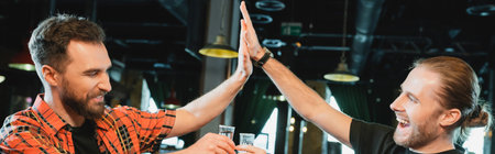 Cheerful bearded men holding tequila and giving high five in bar, bannerの写真素材