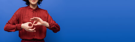 cropped view of young woman showing symbol meaning interpreter on sign language isolated on blue, bannerの写真素材