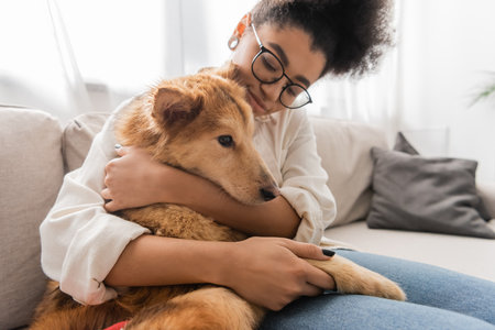 Young african american woman in eyeglasses hugging dog on couch at homeの写真素材