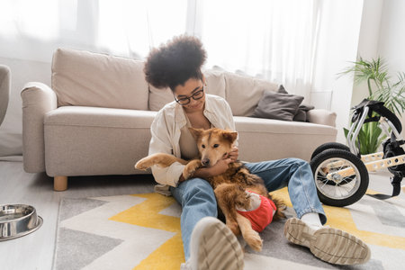 Young african american woman hugging handicapped dog near wheelchair and bowl on floor at homeの写真素材