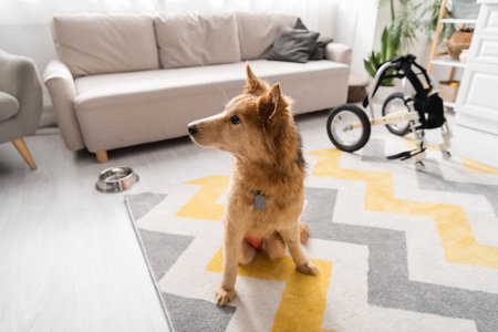 Handicapped dog looking away while sitting on carpet near blurred bowl and wheelchair at homeの写真素材