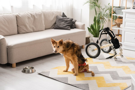 Disabled dog sitting near bowl and wheelchair on carpet at homeの写真素材