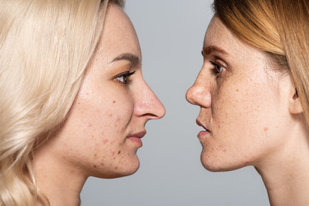 profile of women with problem skin standing face to face isolated on greyの写真素材