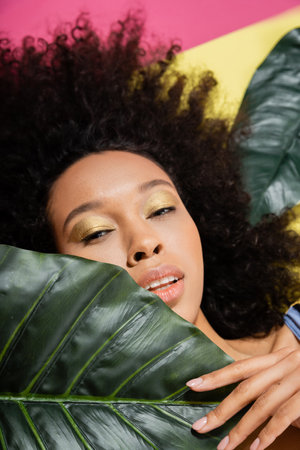 top view of curly african american woman getting tan near green palm leaves on pinkの写真素材
