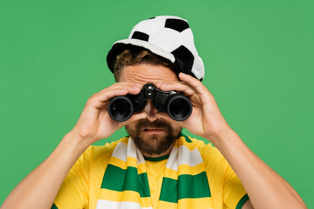 bearded man in football fan hat and striped scarf looking through binoculars during match isolated...