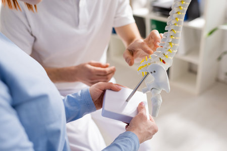 partial view of physiotherapist and patient near spine model in consulting roomの写真素材