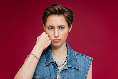 sad young woman with short hair looking at camera on burgundy background