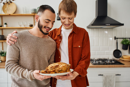 happy gay man embracing boyfriend while holding grilled chicken in kitchenの写真素材
