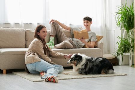 happy gay man with long hair playing with Australian shepherd dog while his boyfriend in casual clothes resting on couch and reading book in modern living roomの写真素材