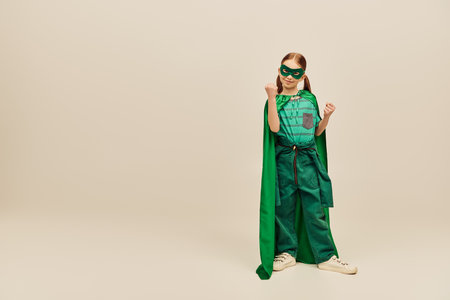 powerful girl in green superhero costume with cloak and mask on face, wearing pants and t-shirt and standing with clenched fists while celebrating Child protection day holiday on grey backgroundの写真素材