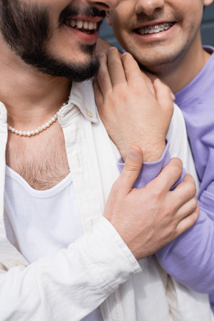 Cropped view of carefree homosexual man in purple sweatshirt with braces hugging and touching...