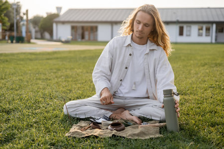long haired man in white linen clothes holding thermos near ceramic teapot and bowls during tea...