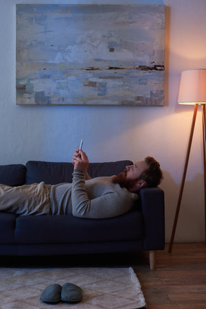 mobile interaction, bearded man with red hair using smartphone, resting on sofa, painting on wall, slippers on carpet, night, light from lamp, leisure time, cozy living, digital ageの写真素材