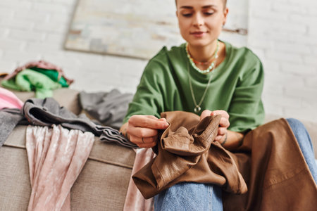 low angle view of young woman holding stylish leather pants while sitting on couch in living room and sorting clothes at home,  blurred background, sustainable living and mindful consumerism conceptの写真素材