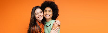 Smiling brunette teenager in casual clothes hugging african american girlfriend with bold makeup and...