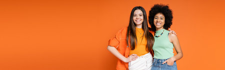 Cheerful interracial teen girlfriends with bold makeup and trendy clothes hugging and looking at camera isolated on orange, teen fashionistas with impeccable style concept, bannerの写真素材