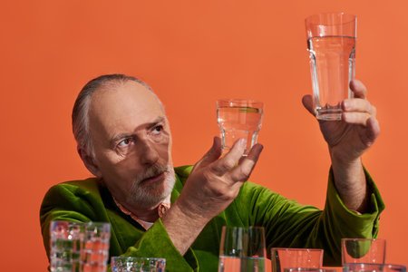 thoughtful man with grey hair and beard, wearing green velvet blazer, looking at glasses with pure water on orange background, aging population, symbolism, life fullness conceptの写真素材