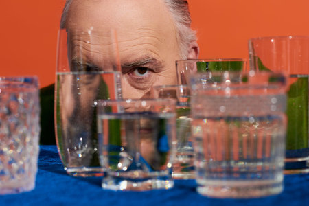 senior male model with expressive gaze looking at camera behind blurred crystal glasses with pure water on orange background, aging population, symbolism, life fullness conceptの写真素材
