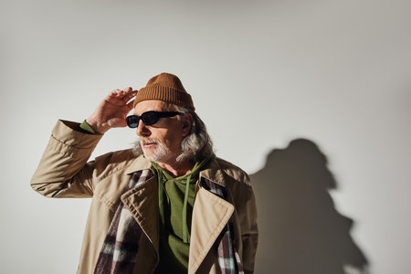 elderly grey haired and bearded senior man in dark sunglasses, beige trench coat and plaid scarf touching beanie hat and looking away on grey background with shadow, hipster style, individualityの写真素材