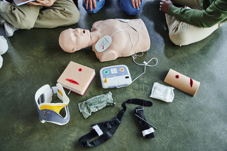 cropped view of multiethnic participants of first aid seminar near CPR manikin, defibrillator, wound care simulators, bandages, compression tourniquets and neck brace in training room, top viewの写真素材