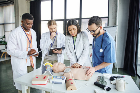 young asian student in white coat practicing chest compressions on CPR manikin near defibrillator, healthcare worker, and multicultural men with notebooks, emergency situations response conceptの写真素材