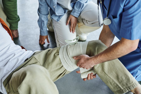 partial view of professional paramedic applying compressive bandage on leg of man near multiethnic group during first aid training seminar, bleeding prevention techniques conceptの写真素材