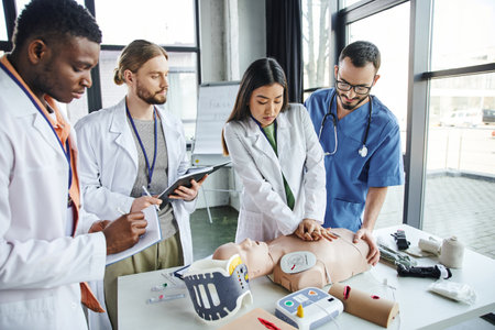young asian woman in white coat doing chest compressions on CPR manikin near instructor, medical...
