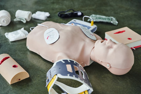 CPR training manikin near automated external defibrillator, wound care simulators, neck brace and bandages of floor in training room, medical equipment for first aid training and skills developmentの写真素材