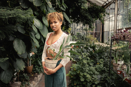 Smiling young african american woman in summer outfit holding potted plant and looking at camera...