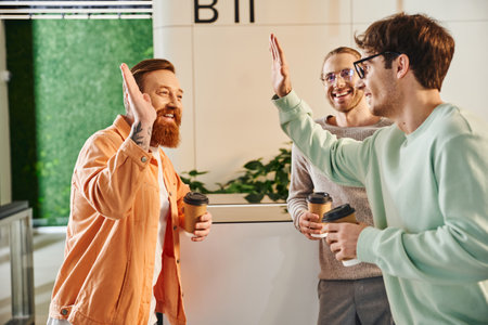 cheerful business partners with paper cups confirming agreement and giving high five near pleased colleague in eyeglasses during coffee break in hall of modern coworking spaceの写真素材